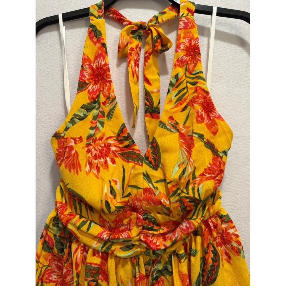BCX Womens Yellow Tropical Floral Halter Mini Dress Tiered Ruffle Smocked XS NEW - Picture 5 of 9